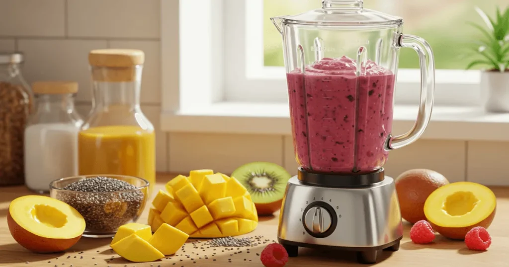 A home kitchen setup with a pulp smoothie in a blender surrounded by fresh fruits, seeds, and wellness ingredients under natural lighting.