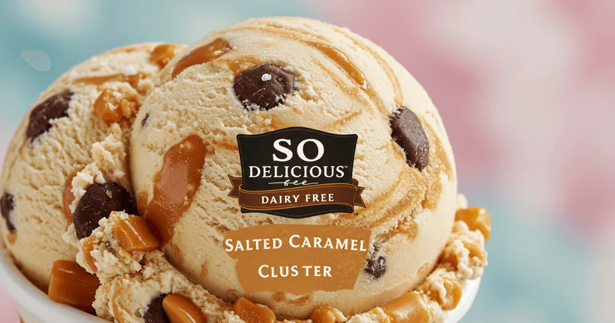 A mouthwatering spoonful of So Delicious Salted Caramel Cluster dairy-free ice cream being scooped from a branded mint green tub.