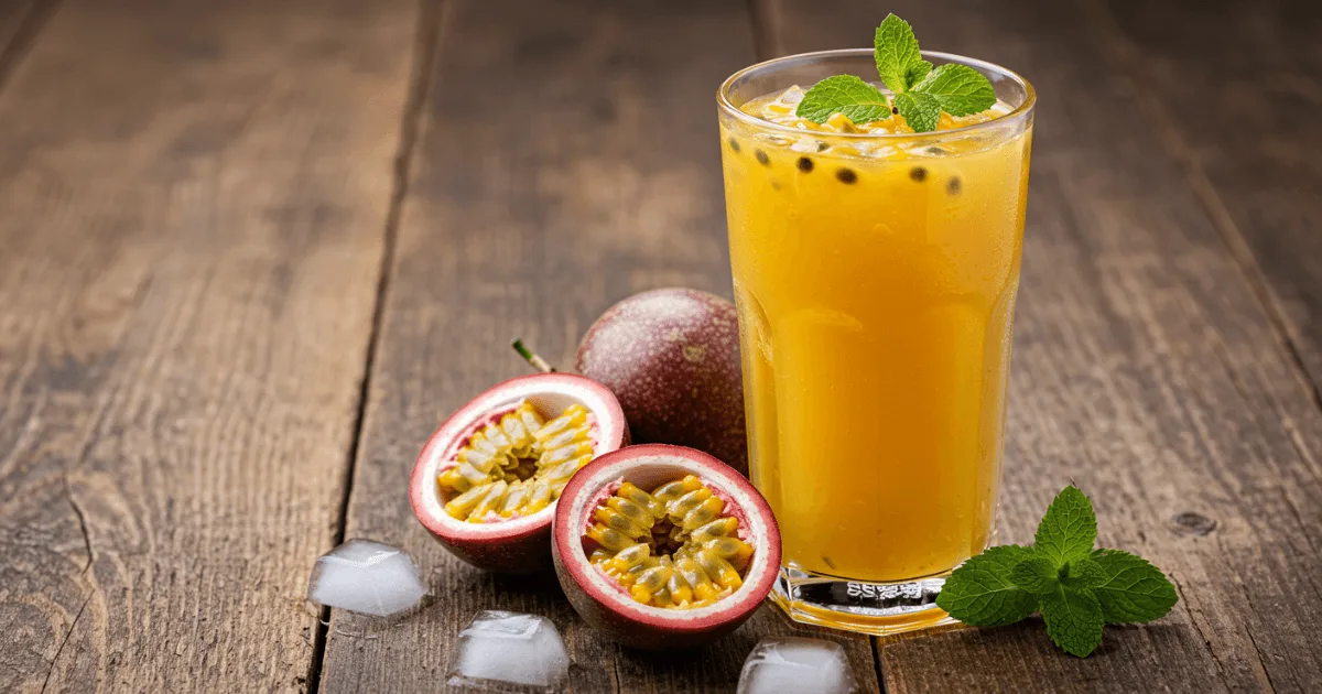 A fresh glass of passion fruit juice with halved purple granadilla, mint, and ice on a rustic wooden table.