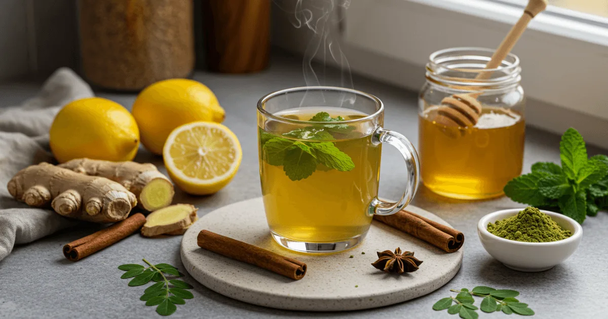 A cup of hot moringa tea with lemon, honey, and ginger on a rustic kitchen table, showing natural ways to improve moringa tea flavor.
