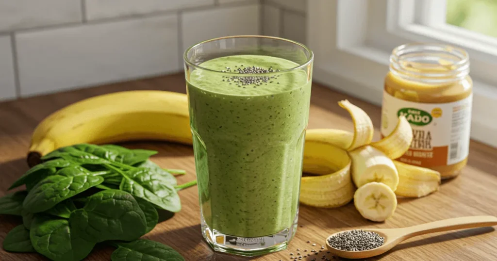 A tall glass of creamy green smoothie topped with chia seeds and banana slices, surrounded by fresh spinach, banana, and peanut butter on a wooden kitchen counter with natural sunlight.