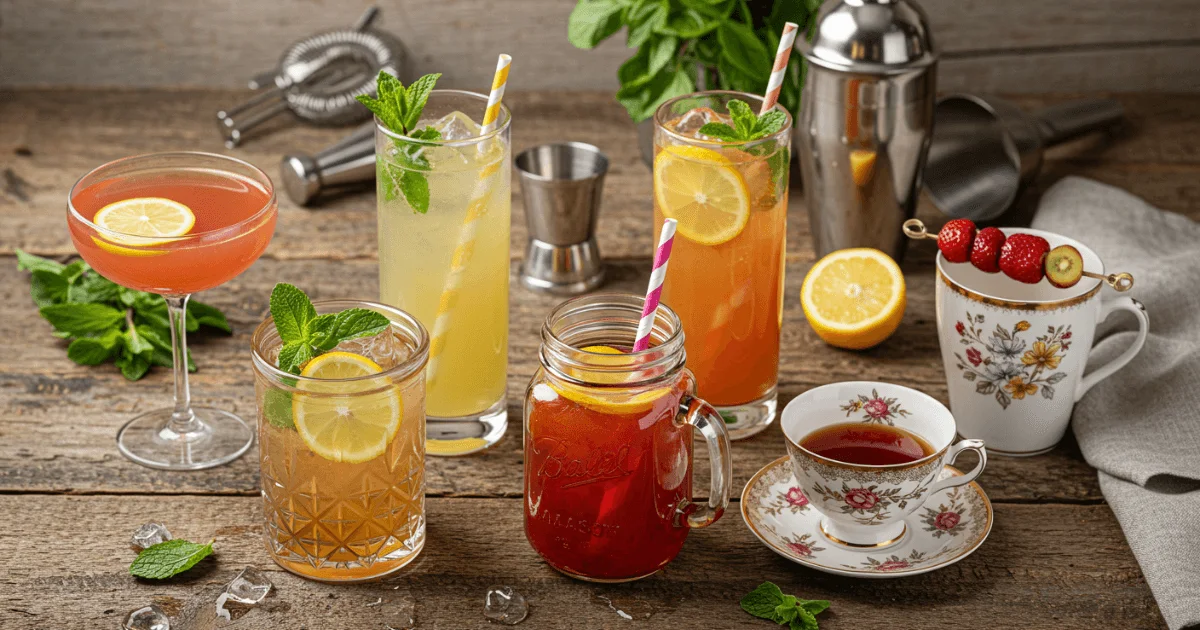 Five beautifully presented non-alcoholic mocktails in assorted glassware with fresh garnishes, set on a rustic wooden table.