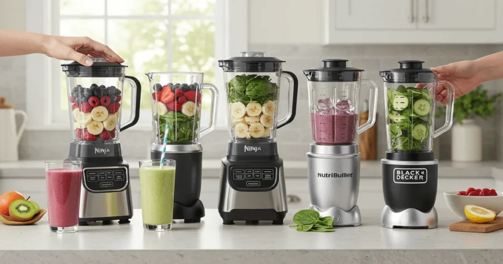 Affordable smoothie blenders on a kitchen counter with fresh smoothie ingredients and glasses of colorful blended drinks
