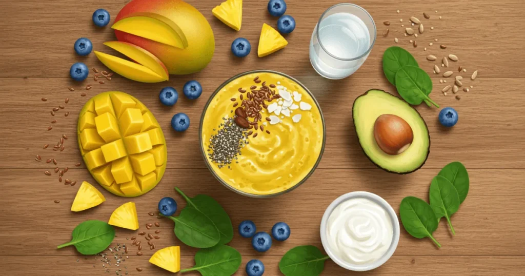 A vibrant tropical smoothie surrounded by fresh mango, pineapple, blueberries, avocado, spinach, chia seeds, and Greek yogurt on a rustic wooden table