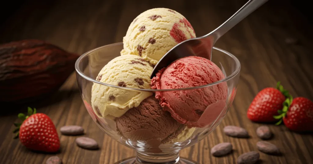 Homemade Neapolitan ice cream in a glass bowl with chocolate, vanilla, and strawberry layers, scooped with a silver spoon.