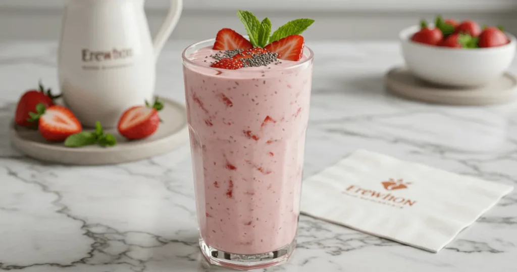 A glass of Hailey Bieber's Erewhon strawberry smoothie topped with strawberries, mint, and chia seeds on a marble surface.