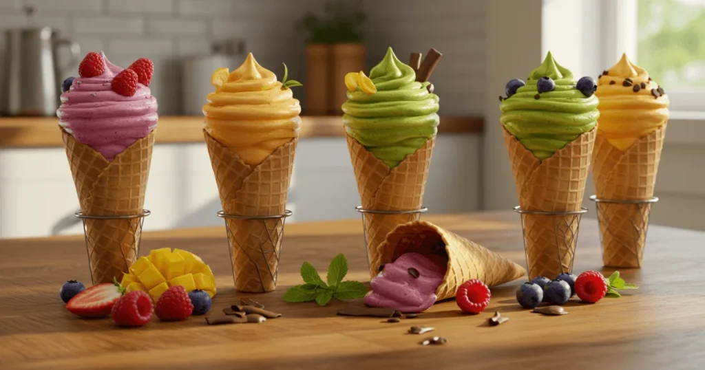 Assorted homemade ice cream cones filled with smoothie swirls in vibrant fruit flavors, styled on a rustic table.