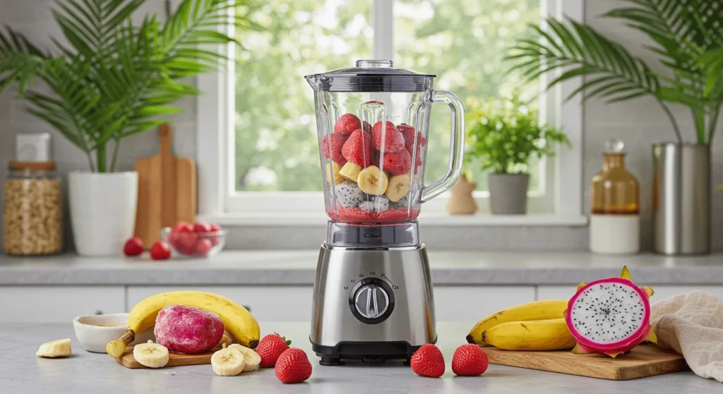 A vibrant kitchen setup featuring a blender filled with frozen fruit smoothie and colorful fruits like strawberries, bananas, and dragon fruit.