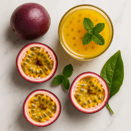 Overhead view of passion fruit juice and fresh halved fruits on white marble with green leaves and mint.