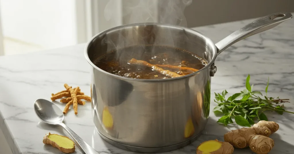 Ashwagandha root simmering in a pot with tulsi and ginger, showing the natural process of making calming herbal tea at home.