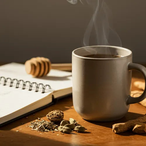 A steaming mug of ashwagandha and tulsi tea surrounded by cardamom and honey on a wooden table—a calming blend for natural stress relief.