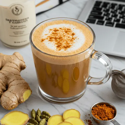 A creamy chai latte made with ashwagandha, ginger, and oat milk—an energizing tea alternative that soothes without the coffee jitters.