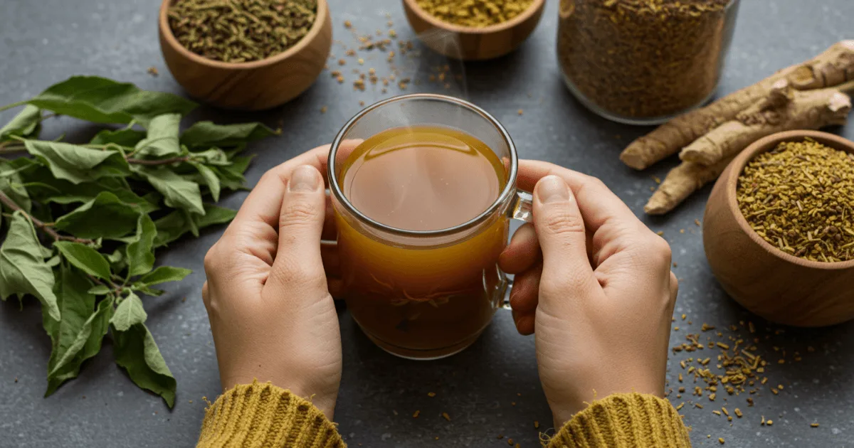 A cup of ashwagandha tea placed on a rustic table with tulsi and herbs, embodying calm, wellness, and natural stress relief.