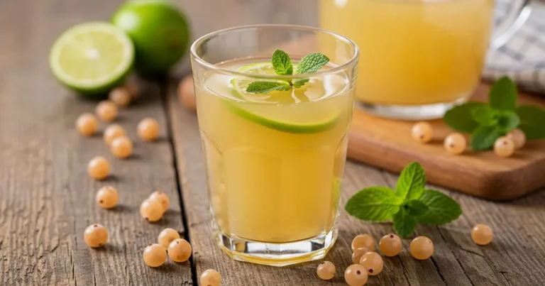 A glass of white cranberry juice garnished with mint and lime, surrounded by fresh white cranberries on a wooden table.