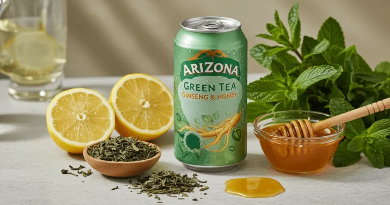 A close-up of Arizona Green Tea with Ginseng and Honey surrounded by natural ingredients like lemon, honey, green tea leaves, and mint on a wooden table.