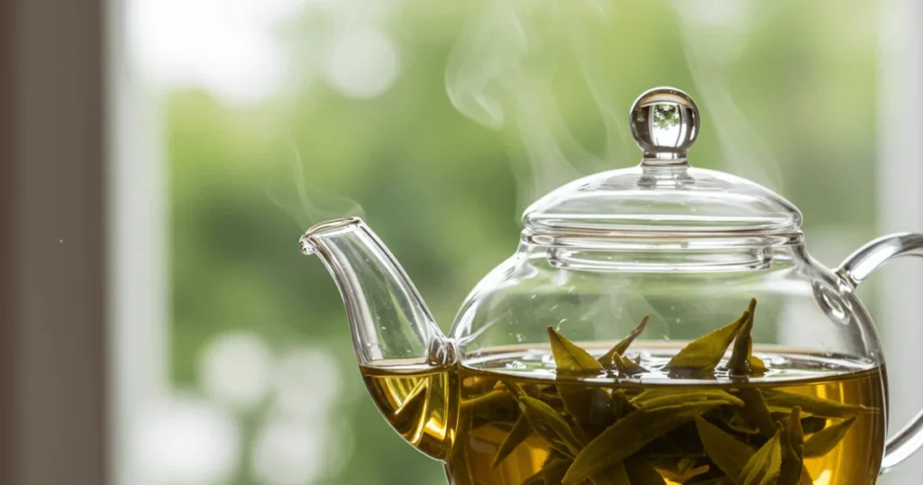 Fresh green tea leaves steeping in a glass teapot with steam rising in soft light.