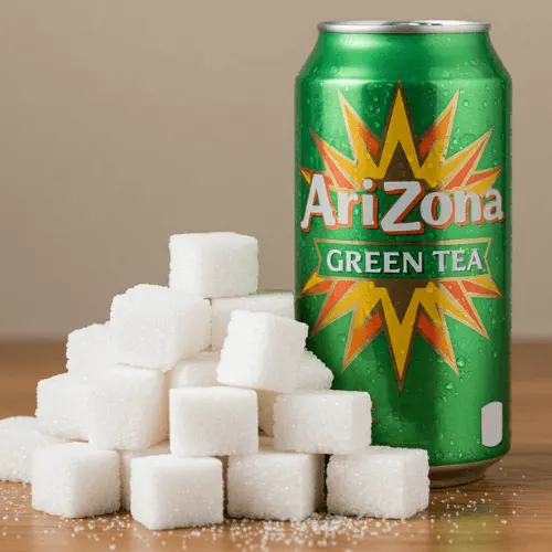 A comparison image showing sugar cubes next to a can of Arizona Green Tea to visualize sugar quantity.