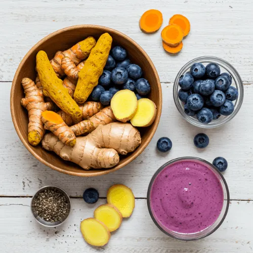 Ginger, turmeric, blueberries, and black pepper arranged for an anti-inflammatory detox smoothie recipe.