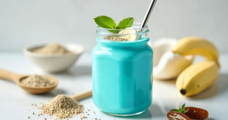 Blue majik Erewhon-style smoothie in a glass jar topped with chia seeds, banana, and mint, surrounded by natural ingredients.