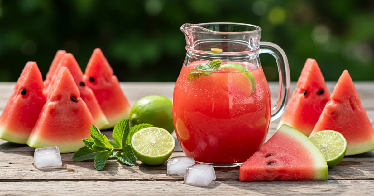 A refreshing pitcher of watermelon juice with lime and mint, perfect for hot summer days and natural hydration.