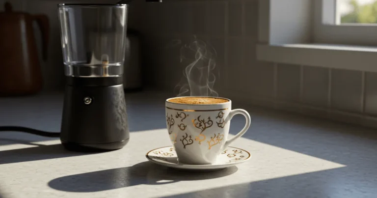 Freshly brewed Arabica coffee in a ceramic cup on a wooden table, surrounded by whole beans and morning sunlight.