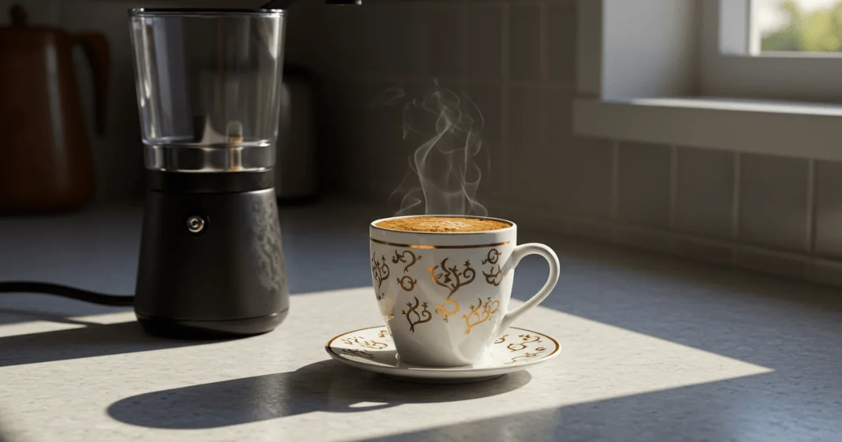 Freshly brewed Arabica coffee in a ceramic cup on a wooden table, surrounded by whole beans and morning sunlight.