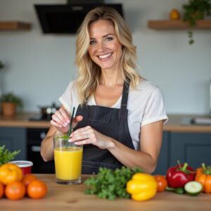 A futuristic AI-generated chef named Olivia Carter, designed with a sleek, modern look. She wears a stylish apron with a smoothie logo, holding a vibrant, freshly blended smoothie in one hand. The background features fresh fruits, a blender, and a high-tech kitchen setup, emphasizing health, technology, and creativity. 🥤🤖🍓