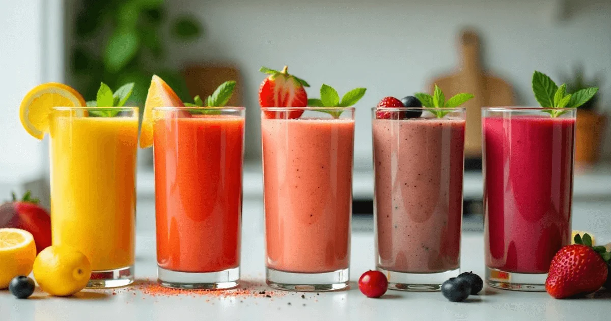 Five vibrant smoothies in clear glasses with fruit, mint, and chia seed garnishes, showcasing healthy and delicious Erewhon-style recipes.