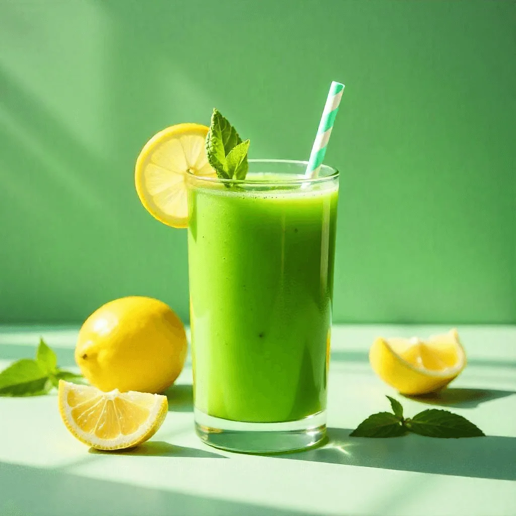 A vibrant green Erewhon Smoothies in a clear glass, garnished with a lemon slice and a sprig of mint.