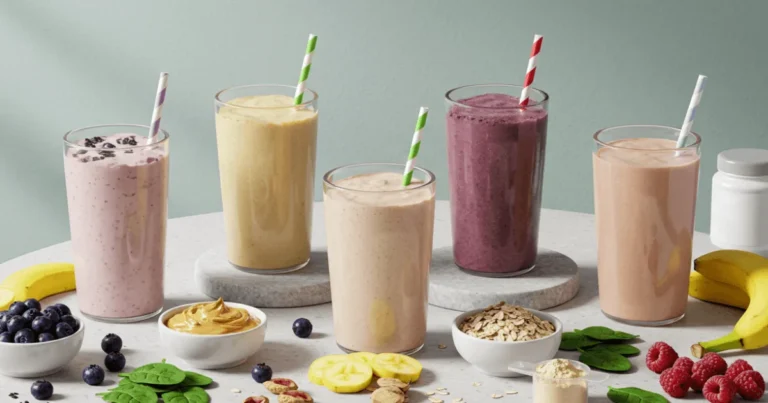 A flat lay of six homemade protein shakes in glass jars with fresh ingredients around them, perfect for post-workout recovery