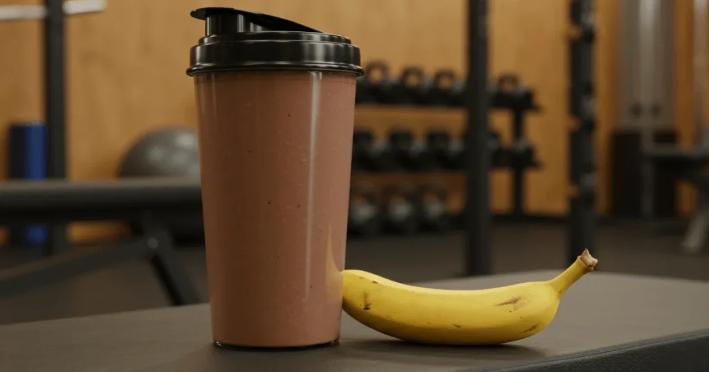 A glass of chocolate protein shake with peanut butter and banana placed beside workout gear, ideal for muscle recovery.