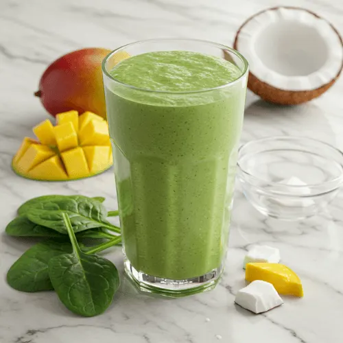 A nutrient-rich green protein shake with spinach, mango, and coconut water, offering a clean and anti-inflammatory recovery option.
