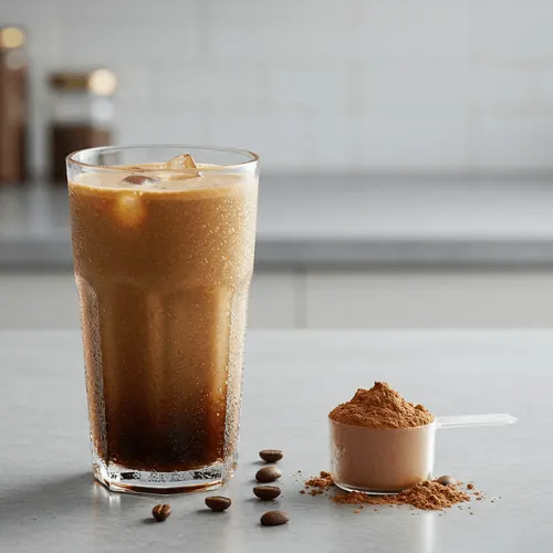 A chilled protein shake made with coffee and chocolate powder, energizing and perfect for post-gym caffeine lovers.