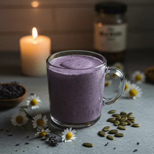 A lavender smoothie in a glass mug with calming ingredients like chamomile and pumpkin seeds.