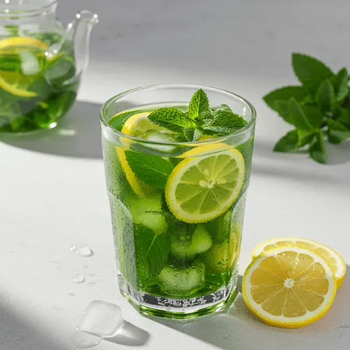 Glass of green iced tea with mint and lemon slices, styled with fresh herbs in a light setting.