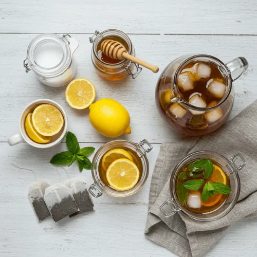 Top view of ingredients for making iced tea including black tea, lemon, honey, mint, and ice on a kitchen surface.