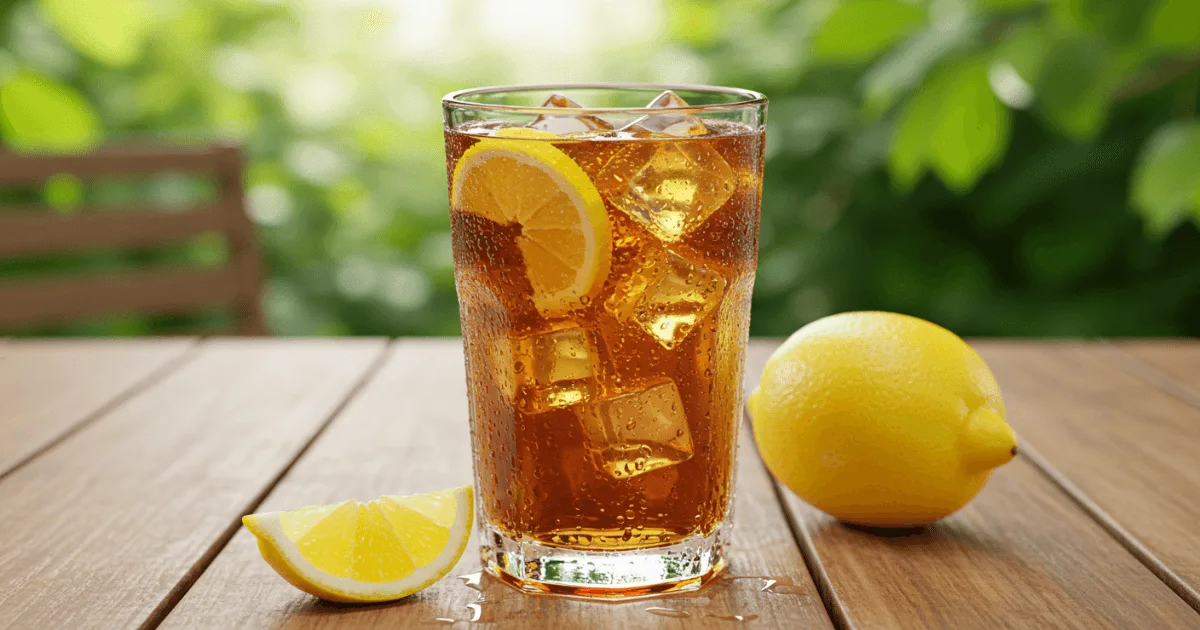 Glass of homemade iced tea with lemon slices and ice cubes on an outdoor table during summer.