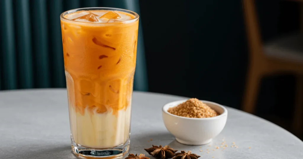 Glass of Thai iced tea with visible milk layers and spice garnish, served on a rustic wooden table.