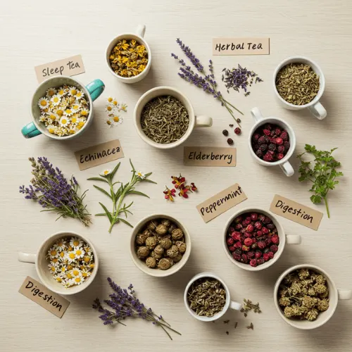 Flat lay showing labeled herbal teas categorized by benefits like sleep, digestion, and immunity with herbs and handwritten tags.