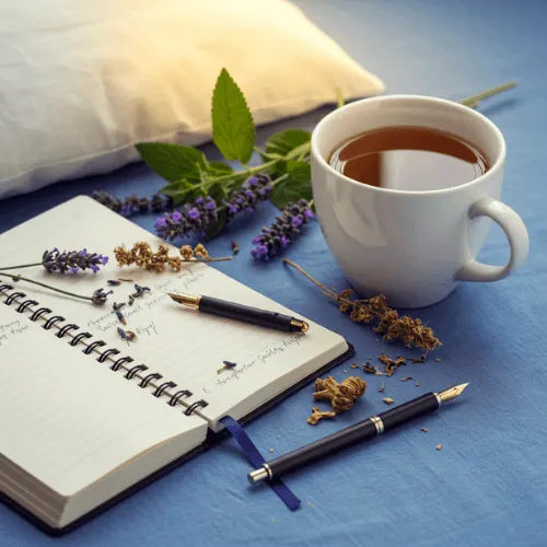 A cup of calming herbal tea with lavender and lemon balm beside a notebook, symbolizing a relaxing sleep routine.