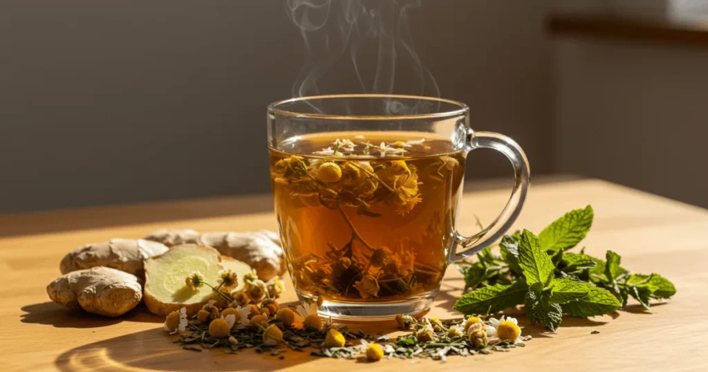 A steaming cup of herbal tea surrounded by fresh and dried herbs like chamomile, peppermint, and ginger on a rustic wooden table.