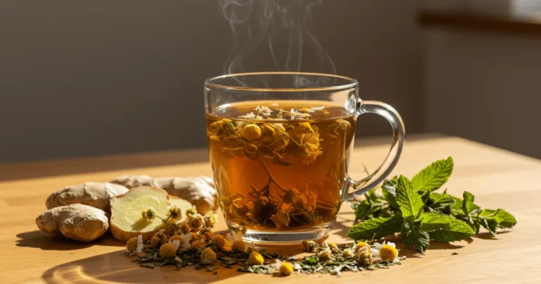 A steaming cup of herbal tea surrounded by fresh and dried herbs like chamomile, peppermint, and ginger on a rustic wooden table.