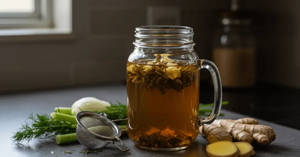 Loose-leaf herbal tea brewing in a glass mason jar, surrounded by natural ingredients like fennel and ginger.
