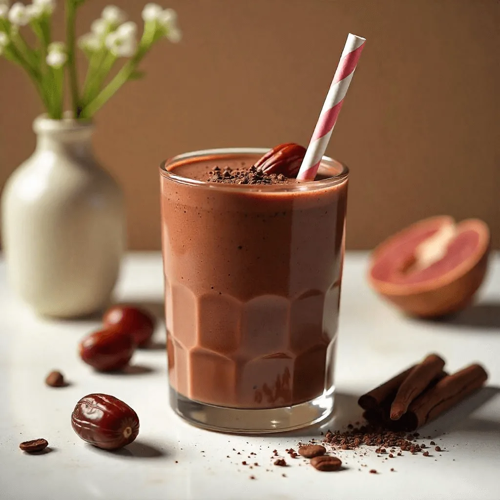 A rich, dark chocolate Erewhon Smoothies in a stylish glass, topped with cacao nibs and a date.