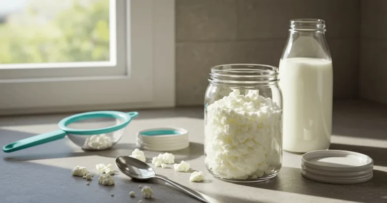 Homemade raw kefir fermenting in a glass jar in a sunlit kitchen, with tools like a plastic strainer and wooden spoon.