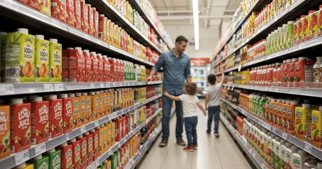 A parent stands confused in the juice aisle while a child grabs a flashy, colorful box—capturing the tension between marketing and healthy choices.