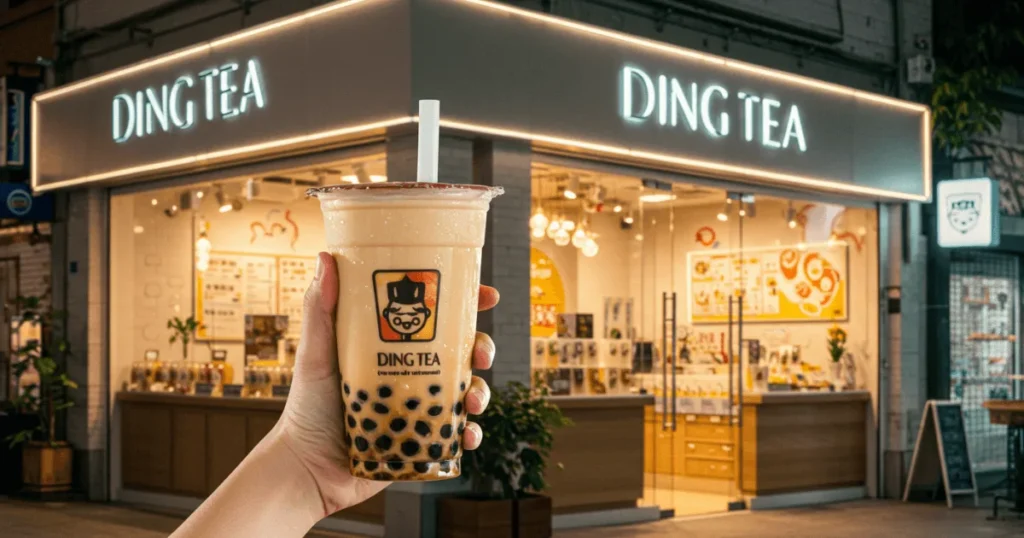 Hand holding a Ding Tea bubble tea in front of a modern shop, showcasing the brand's vibrant appeal and signature drink style.