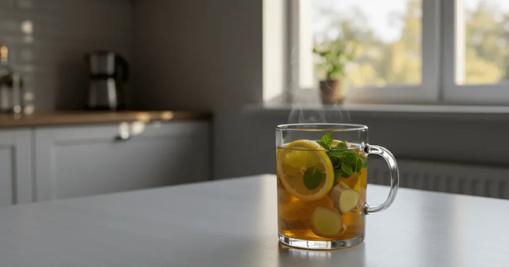 A real herbal detox tea with lemon, mint, and ginger in a glass mug on a wooden table with sunlight.