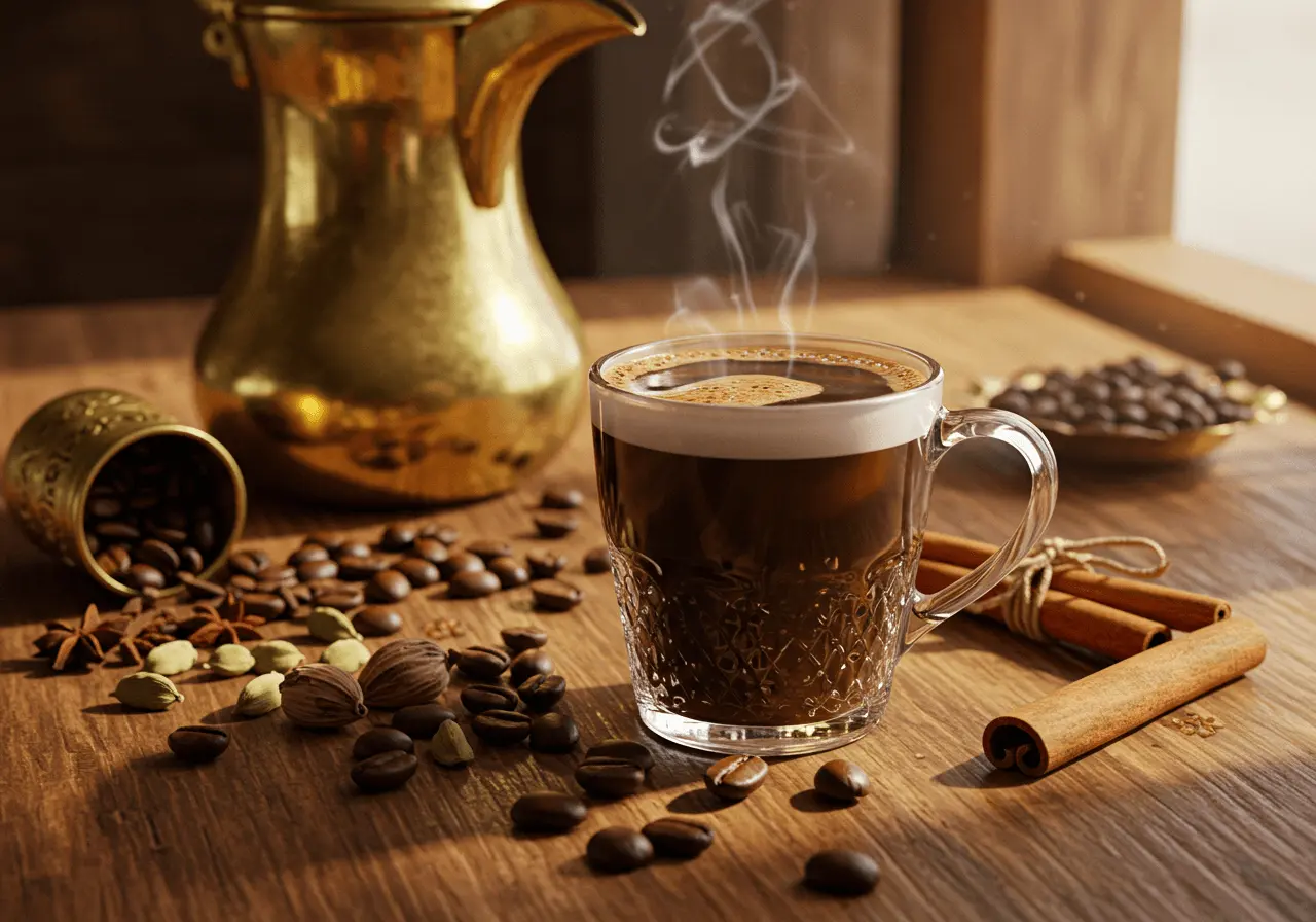 A steaming cup of Yemeni coffee with cardamom and cinnamon on a wooden table.