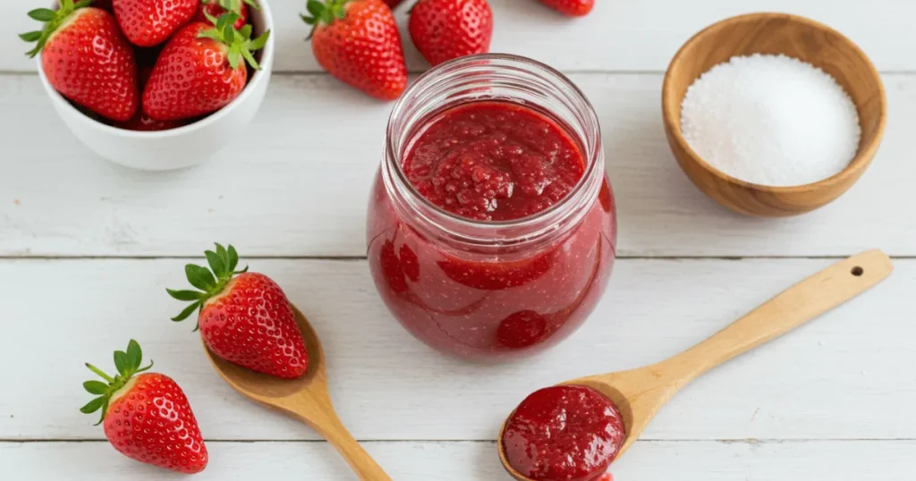 A jar of homemade strawberry puree surrounded by fresh strawberries and ingredients on a kitchen counter.